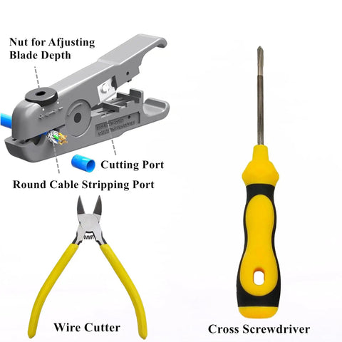 Pro Grade RJ45 Crimp Tool Kit With Pass Through Connectors For Cat7 Cat6a Cat6 Cat5e Cat5 Includes tools like wire cutter screwdriver