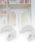 Heavy Duty Stainless Steel Closet Rod End Supports, White Wardrobe Bracket Hardware For One Inch Rods in a closet setting.