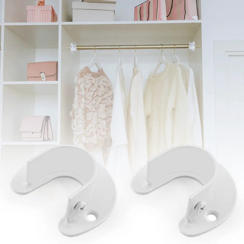 Heavy Duty Stainless Steel Closet Rod End Supports, White Wardrobe Bracket Hardware For One Inch Rods in a closet setting.