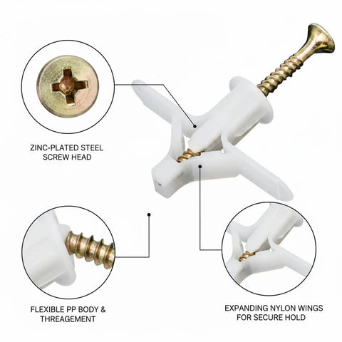 Close-up of 50 Pack M8 Nylon Drywall Anchors With Zinc Plated Screws showing flexible PP body and expanding nylon wings.