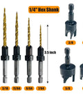 Shop Ready 9 Piece Wood Countersink Drill Bit Set Featuring Titanium Coated Tapered Burrs and Heavy Duty Wood Plug Cutter, 1/4 Inch Hex Shank For Swift Smooth Woodworking, showing drill bits and plug cutters.