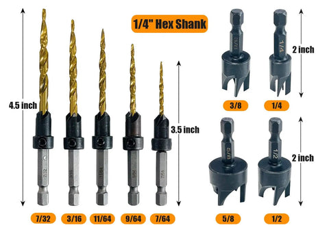Shop Ready 9 Piece Wood Countersink Drill Bit Set Featuring Titanium Coated Tapered Burrs and Heavy Duty Wood Plug Cutter, 1/4 Inch Hex Shank For Swift Smooth Woodworking, showing drill bits and plug cutters.