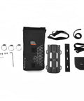 10L Fully Waterproof Front Fork Pannier Bag For Mountain Biking And EBikes Roll Top Front Rack Storage With Metal Tray For Side Packing And EScooter Accessory Ride Ready All Weather Gear Black with accessories laid out