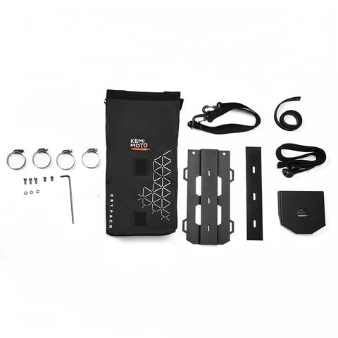 10L Fully Waterproof Front Fork Pannier Bag For Mountain Biking And EBikes Roll Top Front Rack Storage With Metal Tray For Side Packing And EScooter Accessory Ride Ready All Weather Gear Black with accessories laid out