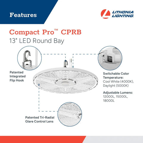 Compact Pro Round LED High Bay Light For Garages And Warehouses, Ultra Bright, 13-inch fixture with adjustable lumens