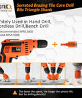 Front view of BGTEC orange dry diamond drill bit set with 6–35 mm hole saws and a 2 inch diamond chamfer bit