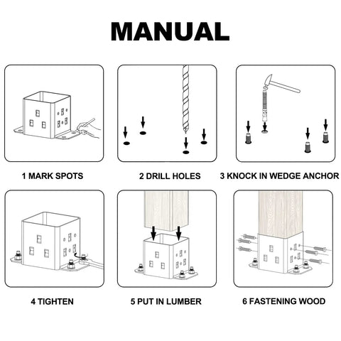 Manual showing installation steps for Heavy Duty 4x4 Post Base Anchor Kit With All Accessories For Wood Fence Deck And Pergola Mounting.