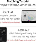 Matching tutorial for adding keys to Tesla, showing car flat interface and Tesla app steps.