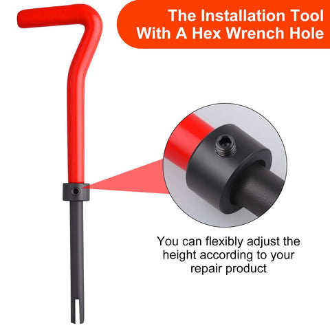 Front view of KUNGJUER M8x1.25 helicoil thread repair kit with hex wrench installation tool, red handle and carry case