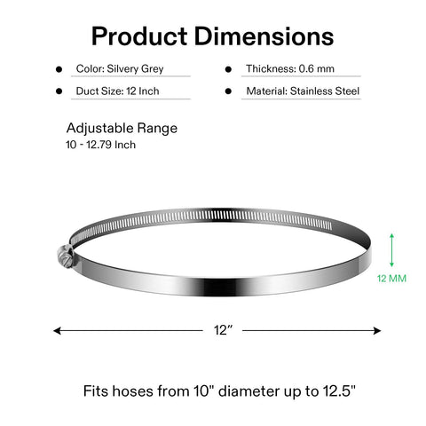 VIVOSUN stainless steel hose clamp, 12-inch diameter, worm-drive for ducting and ventilation.