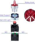 Exploded view of Three Position Momentary Rotary Selector Switch with Red LED Indicator, showing rotary knob, metal support, and connectors.