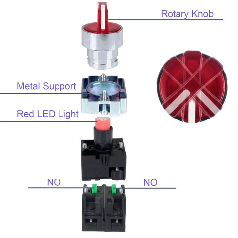 Exploded view of Three Position Momentary Rotary Selector Switch with Red LED Indicator, showing rotary knob, metal support, and connectors.
