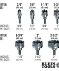 Image showing various sizes of heavy duty hole cutters with focus on 7/8 inch carbide cutter for precise metalwork by Klein Tools.