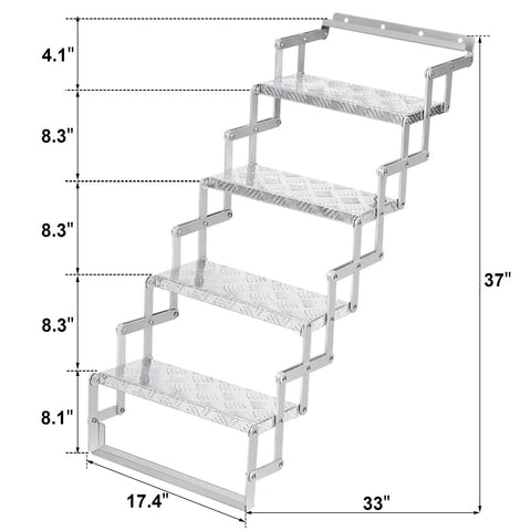 Aluminum RV Step Ladder With 4 Steps, 18-Inch Wide Outdoor Camper Stairs, Anti-Slip Surface, Portable Travel Trailer Stair Access, Durable Silver Finish, Lightweight And Built Tough For Real Outdoor Use, Corrosion-Resistant Build For Easy Storage, side view with dimensions