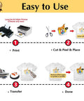 Heat transfer paper for T-shirts infographic showing print, cut, peel, and transfer steps.