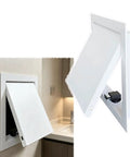 Tough As Nails White Attic Access Panel 6X18 Inch Metal Recessed Ceiling Hatch With Magnetic Push Open Lid For Plumbing And Bathroom Walls Durable Waterproof Build Quick Setup Clean Look Long Lasting Performance mounted in wall with lid open showing access.