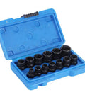 Heavy Duty Extractor Socket Tool Kit For Stubborn Bolt And Nut Removal Featuring Reverse Spiral Flutes and Ridiculous Grip Strength in blue case.
