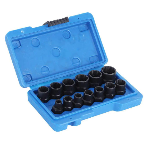 Heavy Duty Extractor Socket Tool Kit For Stubborn Bolt And Nut Removal Featuring Reverse Spiral Flutes and Ridiculous Grip Strength in blue case.