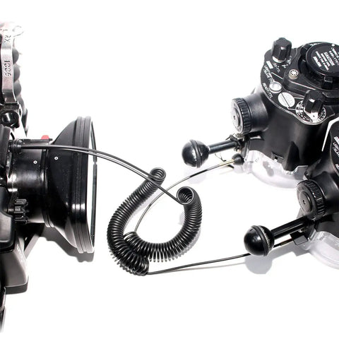 Underwater Multi Core Fiber Optic Cable With Ball Head connecting camera housings and strobes, coiled cord visible