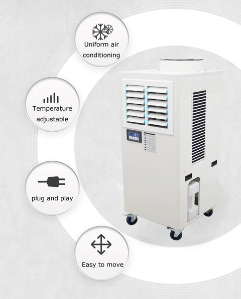 No Sweat 20400 Btu Industrial Spot Cooler, Portable Air Conditioner with adjustable louver vent and easy mobility features.