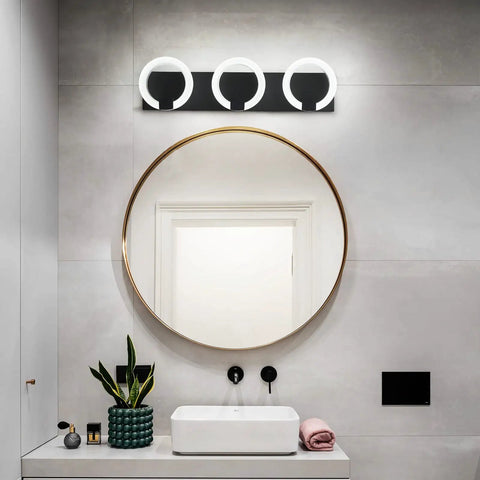 Dimmable Three Light LED Vanity Light For Bathroom Wall Mount Over Mirror In Black Base Dope Modern Metal Fixture With Durable Acrylic Shade Energy Saving 18W LED Humidity Resistant Design Soft Even Glow