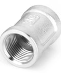 Close-up of Five Piece 304 Stainless Steel Cast Pipe Fittings Coupling Set 1 Inch By 1 Inch NPT Female Threaded High Pressure Up To 300 PSI