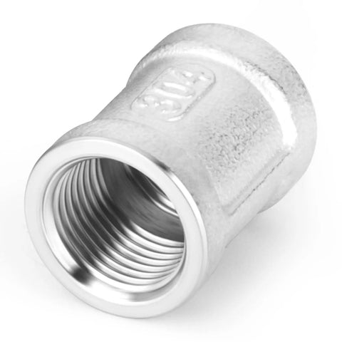 Close-up of Five Piece 304 Stainless Steel Cast Pipe Fittings Coupling Set 1 Inch By 1 Inch NPT Female Threaded High Pressure Up To 300 PSI