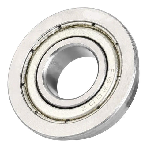 Close-up of a F6900ZZ ball bearing with double seals, 10x22x6mm steel build for high-speed operation.