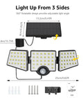 Lit Outdoor Solar Motion Sensor Light With 3 Adjustable Heads 270 Degree Wide Coverage IP65 Waterproof