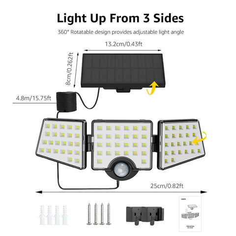Lit Outdoor Solar Motion Sensor Light With 3 Adjustable Heads 270 Degree Wide Coverage IP65 Waterproof