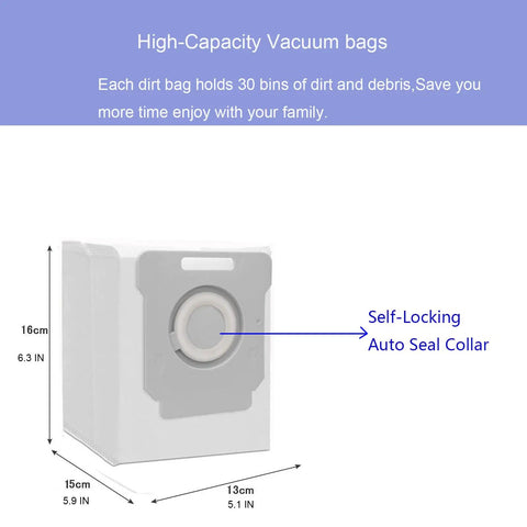 Image of Roomba Compatible 16 Pack Vacuum Replacement Bags for I7 I7 Plus I8 I3 I6 S Series and S9 Plus Clean Base with dimensions.