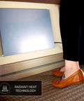Legs Flat Panel Heater For Desk Or Wall Mount Ultra Slim One Inch Thick Low Wattage 150W Radiant Heating Space Heater Energy Efficient Cozy Heat For Legs And Feet All Day shown under desk with feet nearby, demonstrating radiant heat technology.