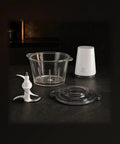 Cuisine Talent Electric Food Chopper With 1.8L Glass Bowl 150W Motor parts including glass bowl, white motor, and blade.