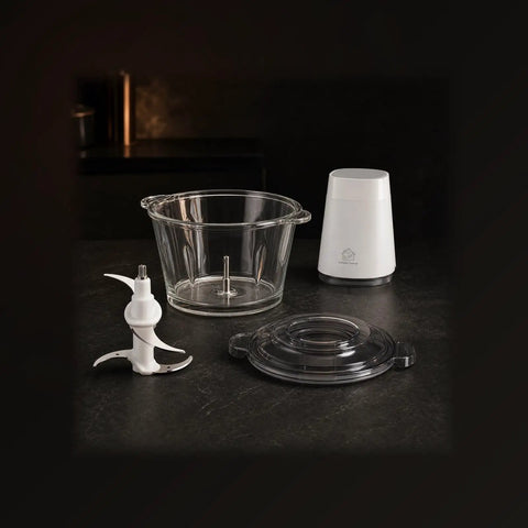 Cuisine Talent Electric Food Chopper With 1.8L Glass Bowl 150W Motor parts including glass bowl, white motor, and blade.