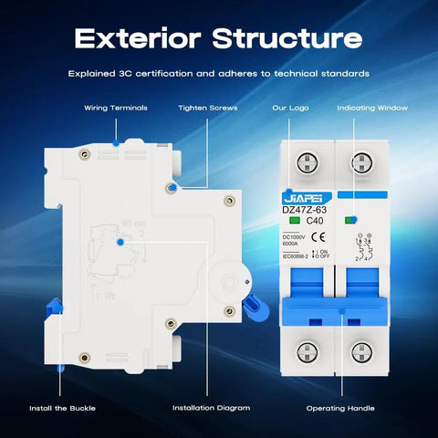 Miniature Circuit Breaker for Solar Power Setup 1000V 2 Pole 40 Amp Isolator With Thermal Magnetic Trip DIN Rail Mount DC Disconnect Switch C40 For Fast Overload Protection And Instant Short Circuit Cutoff; front view