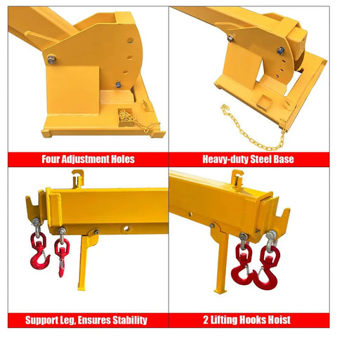 Boss Grade 3 Ton Forklift Jib Boom Crane Adapter With Smooth Zero To Seventy Five Degree Tilt And Extending Seven To Twelve Foot Telescopic Stick Paired With Dual Heavy Duty Carabiners For Quick Site Rigging showing heavy-duty steel base and adjustment features.
