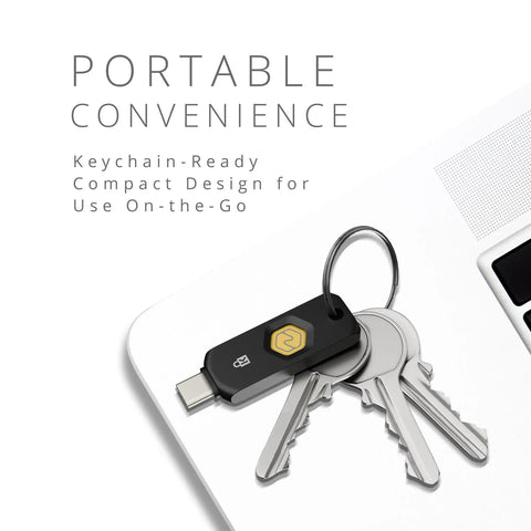 Zero Drama Dual Mode Usb C Security Key With Nfc Tap Feature For Seamless Passwordless Login Supports Fido2 Protocols And Modern Passkeys Across Every Device You Own Keychain Ready on a keychain with keys.