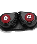 Cam cleat, aluminum rope clutch with dual red cams and serrated jaws for 4–6 mm rope, front view