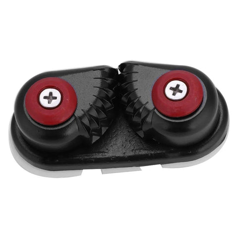 Cam cleat, aluminum rope clutch with dual red cams and serrated jaws for 4–6 mm rope, front view