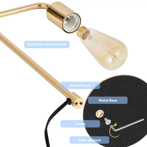 Industrial Edison Table Lamp Set of 2 in Gold Metal Finish showing components, including metal frame, base, and screw details.