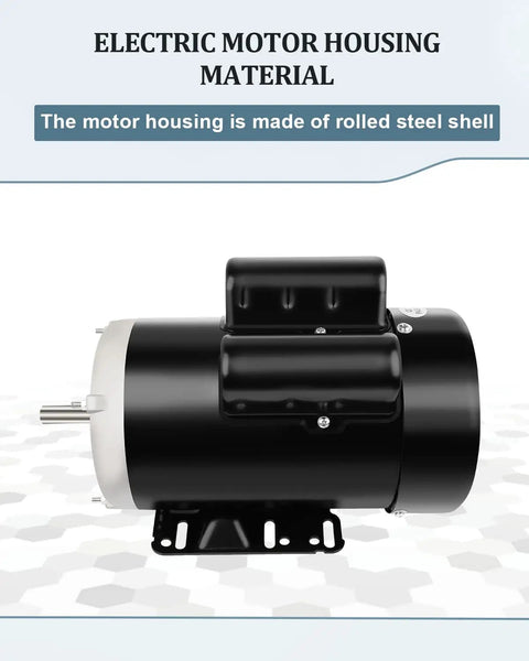 Five Horsepower Single Phase Farm Duty Electric Motor, 3450 RPM, 56 Frame, 208 To 230 Volts, 60 Hertz, Shaft Diameter Five Eighths Inch, CW CCW TEFC, Rolled Steel Housing, Built For Rugged Farm Equipment.