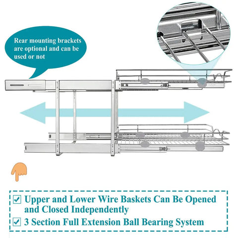 Smooth Glide Double Tier Pull Out Cabinet Organizer With Chrome Finish For Kitchen Base Cabinet Storage Slide Out Shelving Rack Hella Spacious Pantry Drawer Setup showing optional rear brackets and wire baskets.