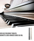 Six Piece Heavy Duty Piano Hinges Forged From Solid Iron For Tough Jewelry Boxes And Travel Luggage Rugged Construction Keeps Things Locked Tight During A 180 Degree Open, displayed with piano keys.