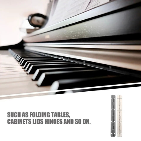 Six Piece Heavy Duty Piano Hinges Forged From Solid Iron For Tough Jewelry Boxes And Travel Luggage Rugged Construction Keeps Things Locked Tight During A 180 Degree Open, displayed with piano keys.