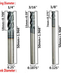 Carbide square end mill set, 6 pcs, sizes from 1/8 to 1/2 in, AlTiN-coated, silver