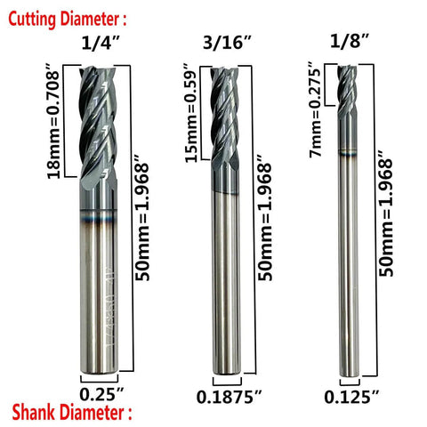 Carbide square end mill set, 6 pcs, sizes from 1/8 to 1/2 in, AlTiN-coated, silver