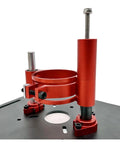 Precision Router Lift System With Aluminum Insert Plate And Wood Routing Base For Workbenches showing the red lift assembly components.