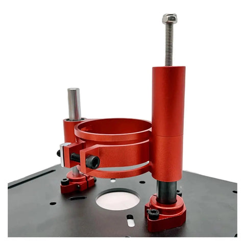 Precision Router Lift System With Aluminum Insert Plate And Wood Routing Base For Workbenches showing the red lift assembly components.