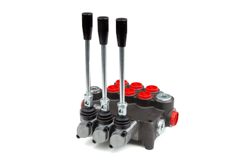 Chief G Series P80 hydraulic 3-spool directional control valve with three levers and red port caps