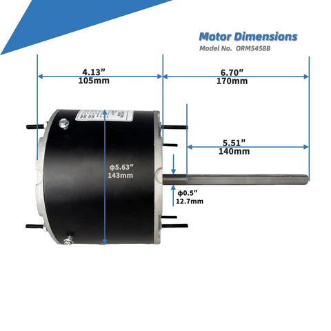 Side view of the Beefy Condenser Blower Motor One Third To One Sixth HP 1075 RPM 208-230V 2A 48Y Frame Replaces ORM5458